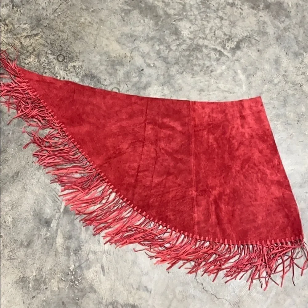 Central Falls Red Suede Fringed Cape Shawl